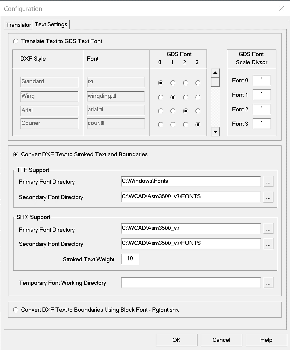 DXF2GDS Text Settings Tab