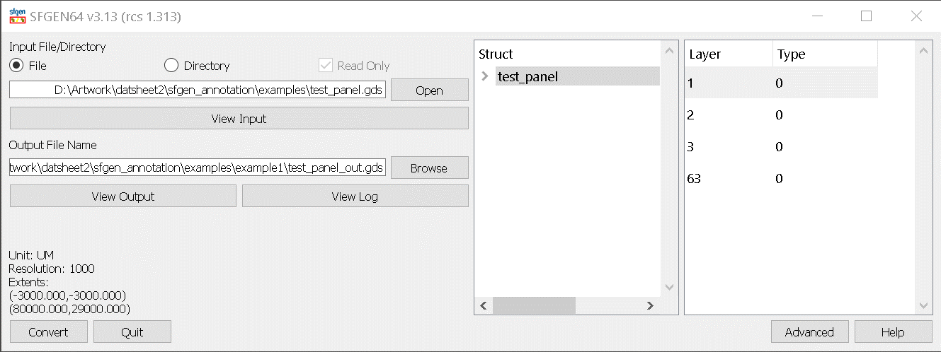 SFGEN Main Dialog showing test_panel.gds loaded.