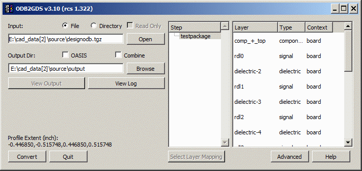 odb2gds main dialog after loading the ODB++ file