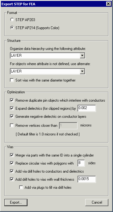 STEP export for FEA dialog