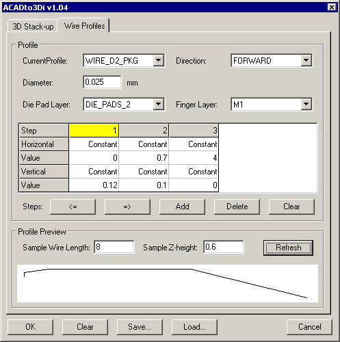 The Wire Profile dialog enables the user to build simple or complicated wire models.
