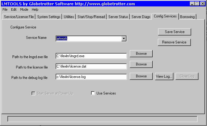 lmtools dialog box for creating additional service.